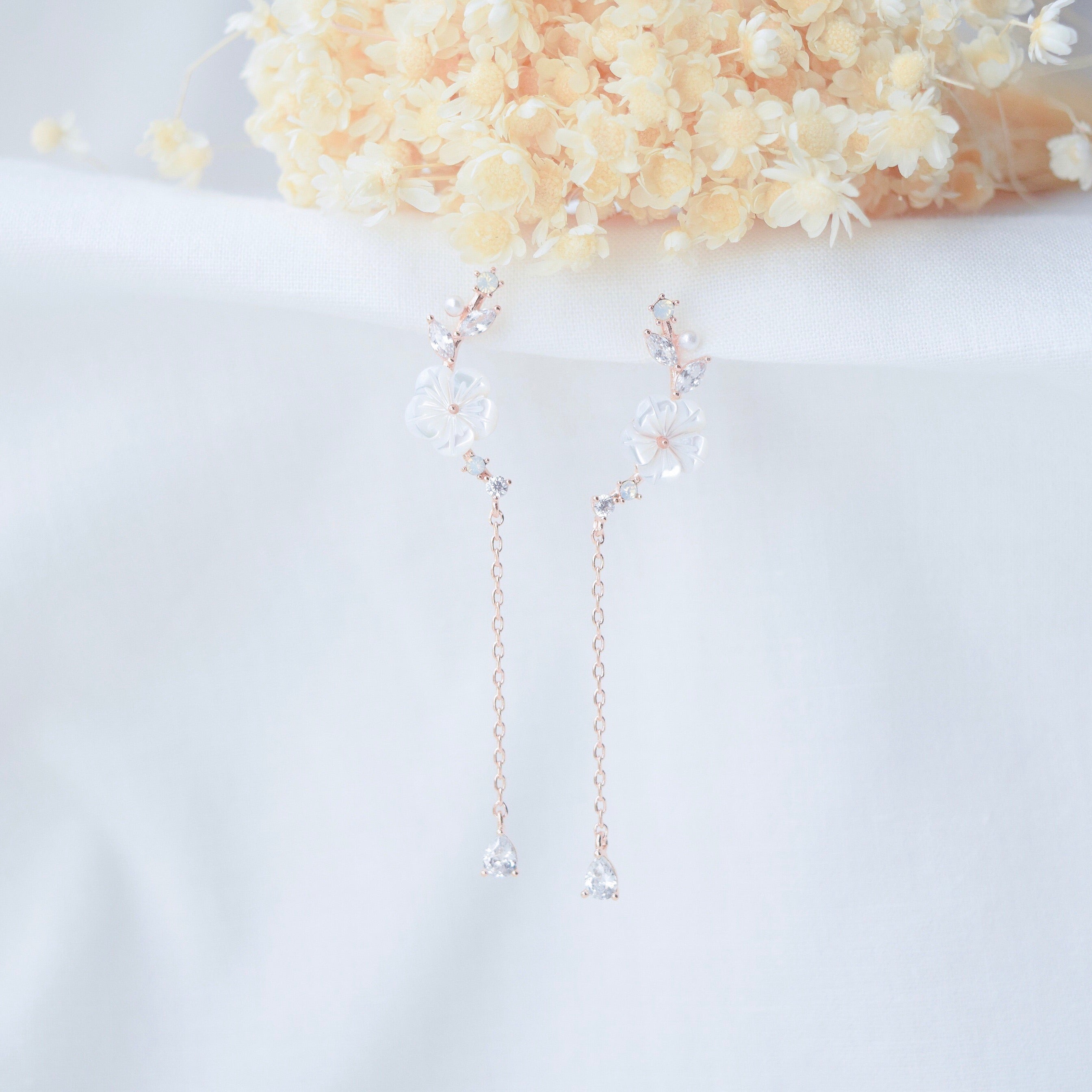 Rose Gold Sakura Dangling Earrings Made in Korea Dainty