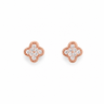 A pair of rose gold stud earrings with a four-petal clover or flower motif, each adorned with a pavé setting of clear round-cut stones, shown on a plain white background.