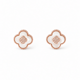 A pair of rose gold four-leaf clover stud earrings with white inlay and a pavé-set diamond center, shown on a plain white background.