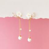 A pair of gold-tone dangle earrings with white flower charms, small clear crystal accents, and white pearl drops, displayed against a pink and white split background.