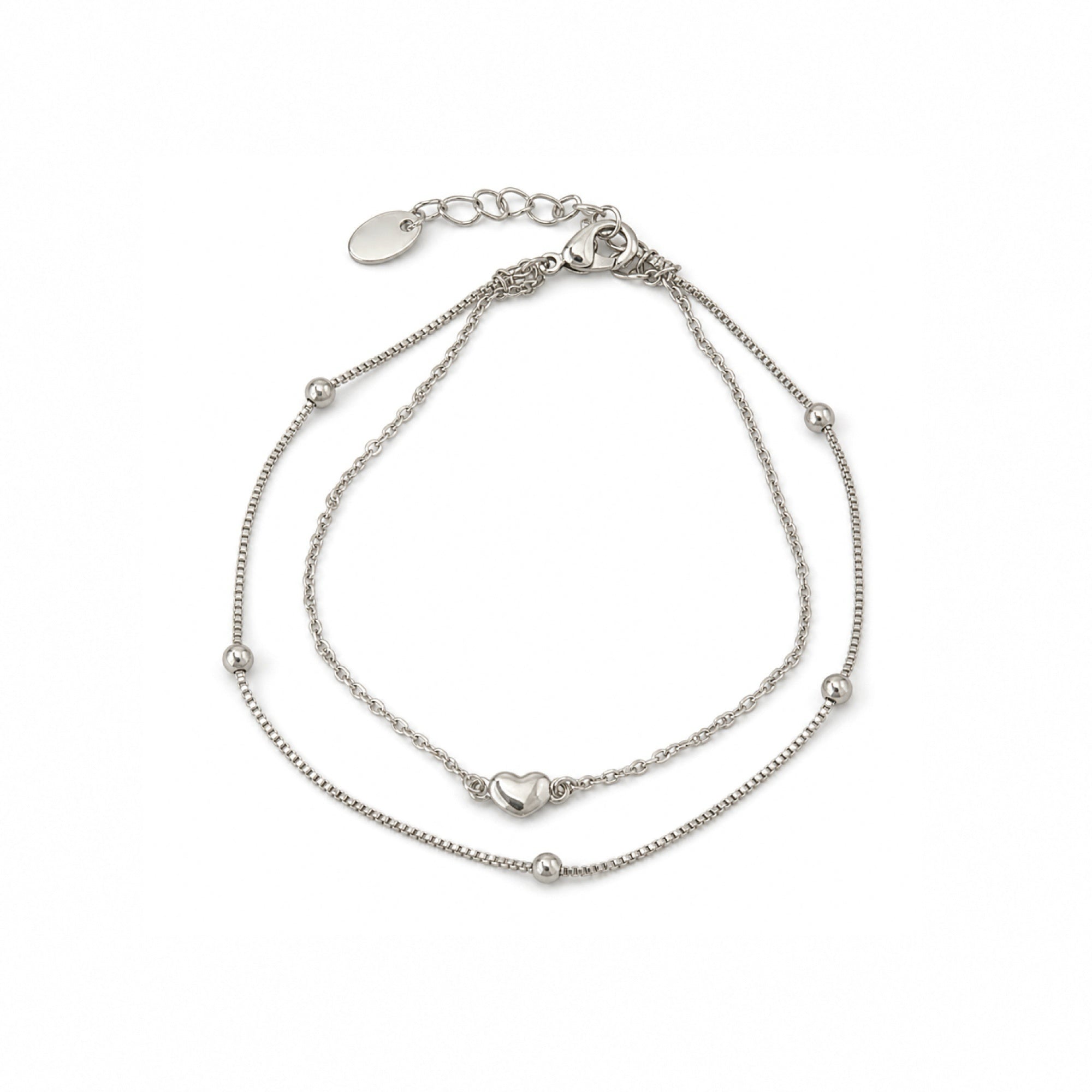 Whisper Heart Bracelet in silver, double-layer chain with heart charm