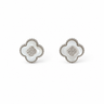 A pair of silver-toned four-leaf clover stud earrings with white inlay and a textured beaded border, set against a plain white background.
