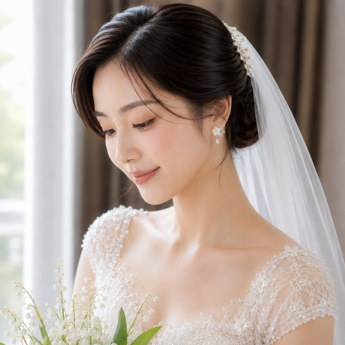 A woman in a white lace wedding dress and veil holding a bouquet of white lily of the valley flowers, photographed indoors near a window.