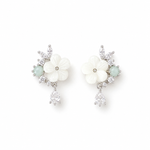 A pair of silver-toned floral drop earrings featuring white flower petals, small light green beads, and clear crystal accents, displayed on a clean white background.